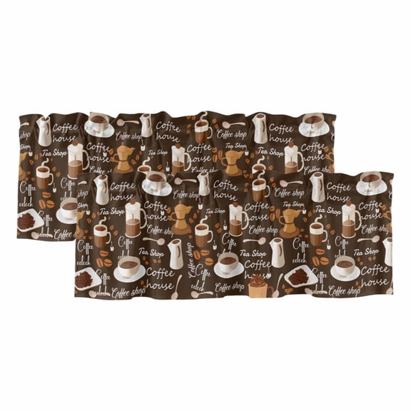 2 Pack Valances for Windows, Coffee Window Valances for Living Room/Bedroom/Bathroom, Brown Retro Coffee Theme Beans Latte Tea Cup Light Filtering Kitchen Curtain Valance 42"W x18" L