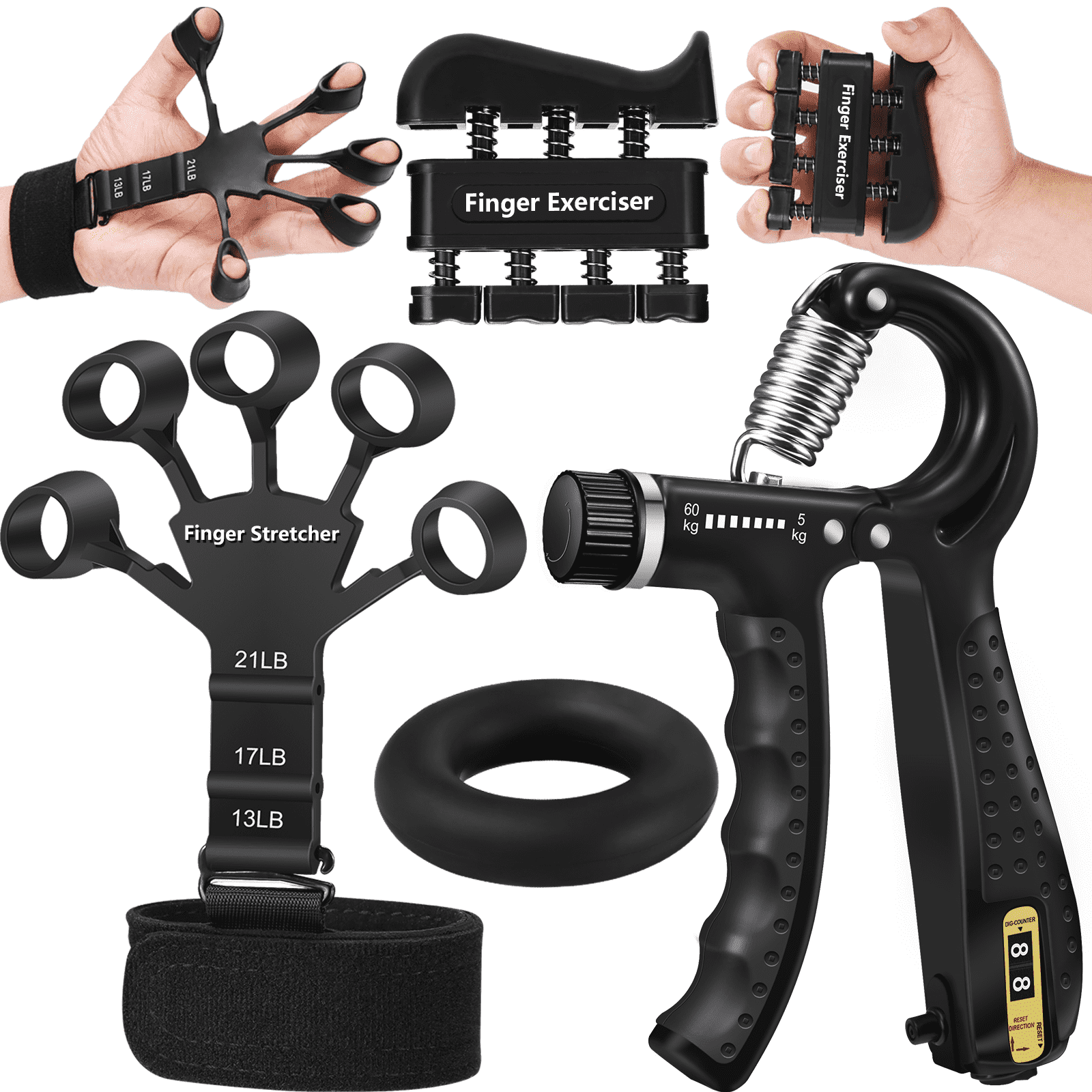 Grip Strength Trainer 4Pcs - Adjustable Hand Grip Strengthener, Finger Exerciser, Hand Extension Exerciser & Forearm Workout Ring for Muscle Building & Injury Recovery