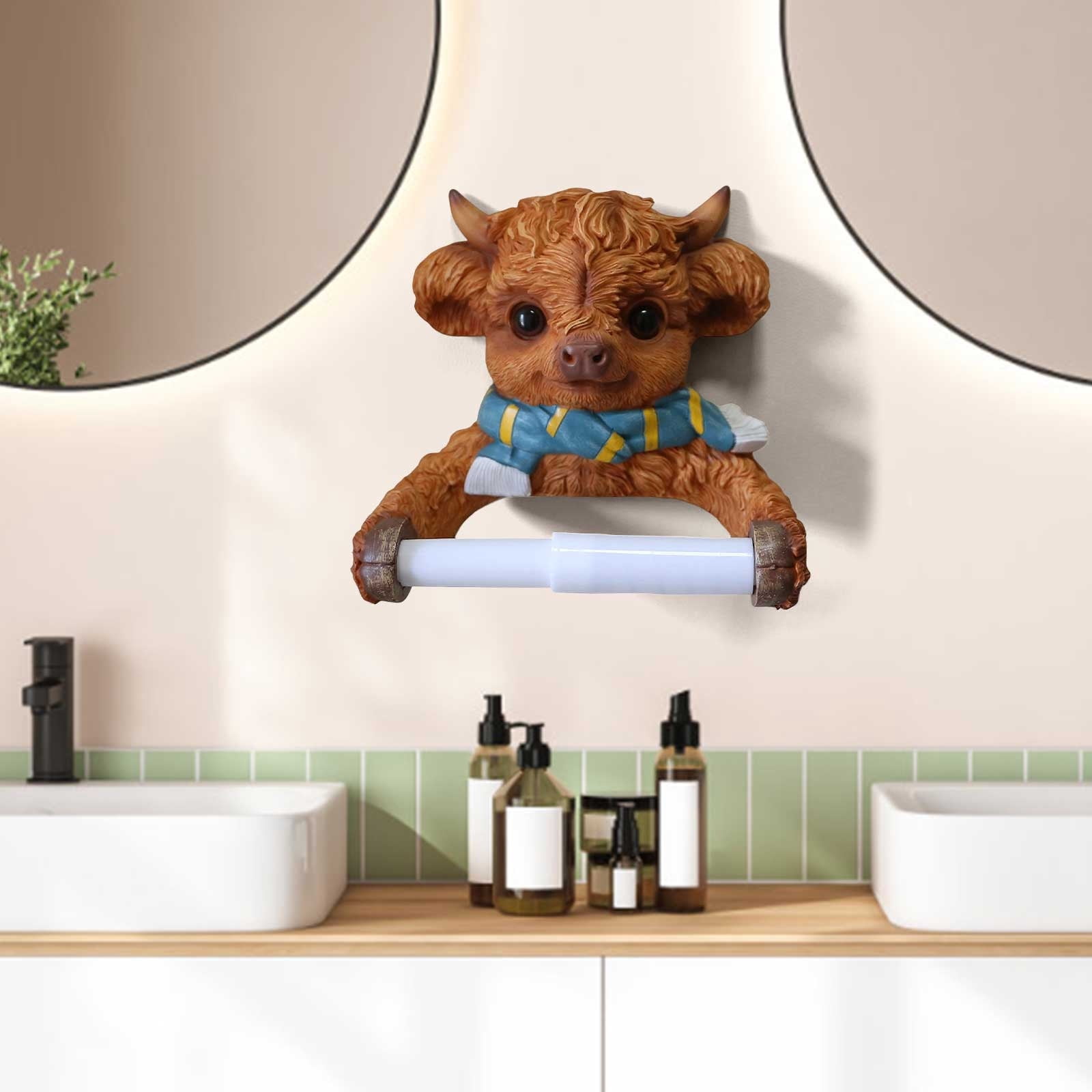 Highland Cow Toilet Paper Roll Holder Cartoon Animal Shape Wall Storage Decor