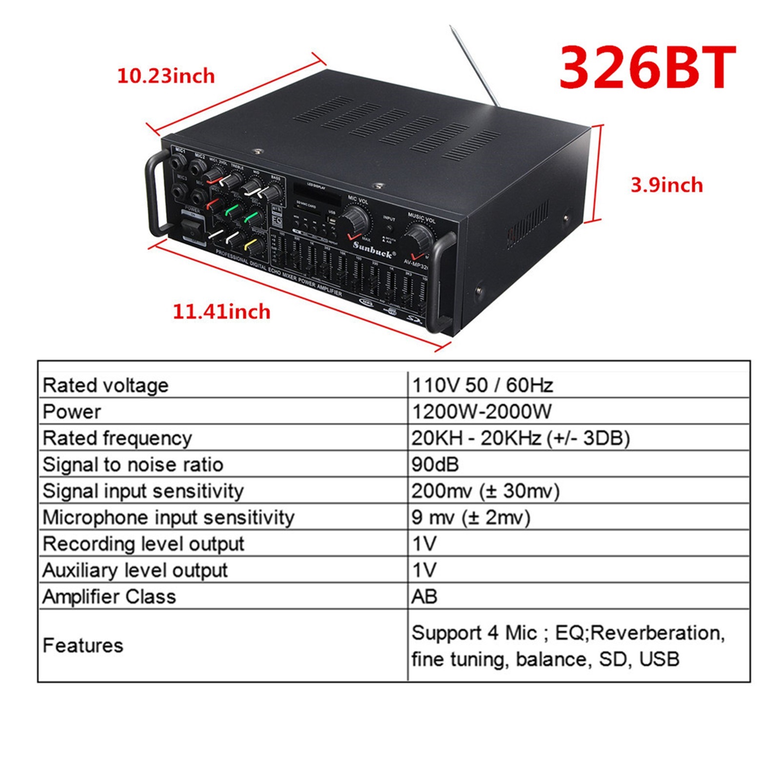 Sunbuck 2000W 2-Channel Bluetooth Stereo Amplifier – Home/Car Use, USB/SD, Remote, AB Class