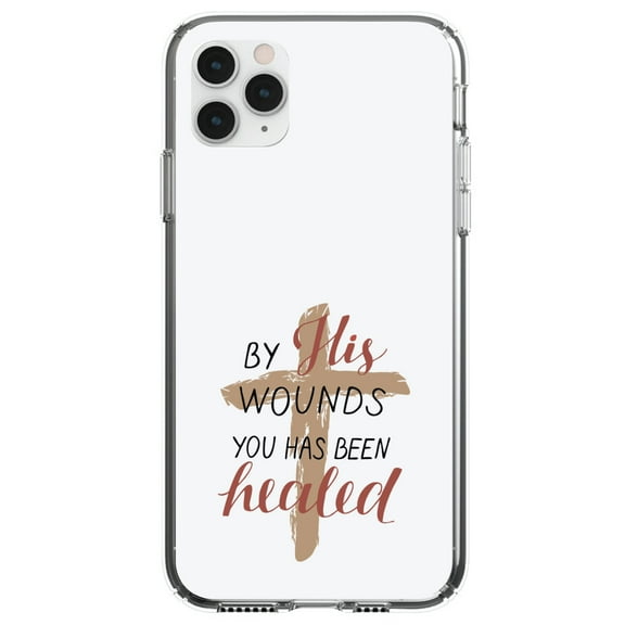 DistinctInk Clear Shockproof Hybrid Case for iPhone 12 / 12 PRO (6.1" Screen) - TPU Bumper, Acrylic Back, Tempered Glass Screen Protector - By His Wounds You Has Been Healed - Cross