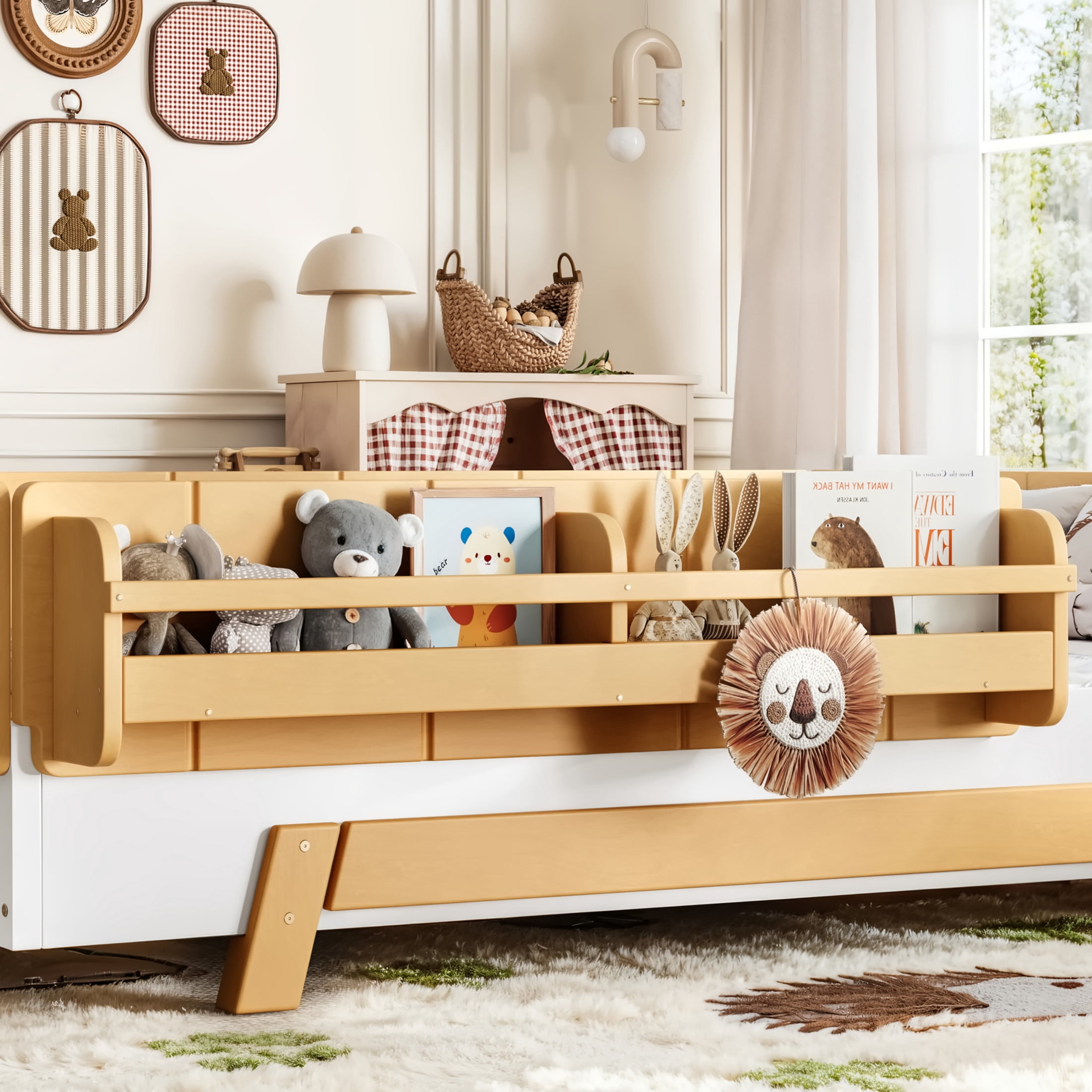 GDF Studio Full Size Montessori Floor Bed with Guardrails & Bookshelves, Building Block Design, White+Natural