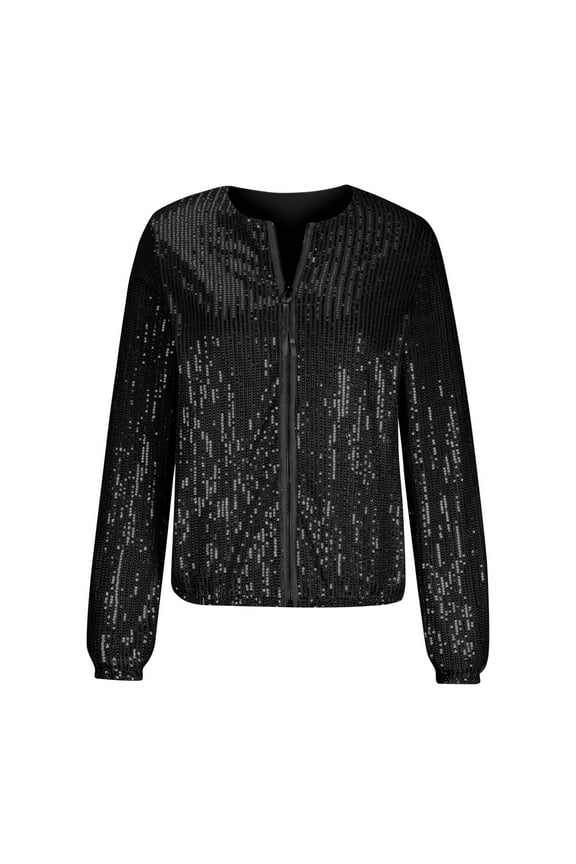 Womens Sequin Jacket Casual Plus Size Sparkle Coats Long Sleeve Jackets Front Zip Loose Casual Blazer Bomber Jacket with Pockets