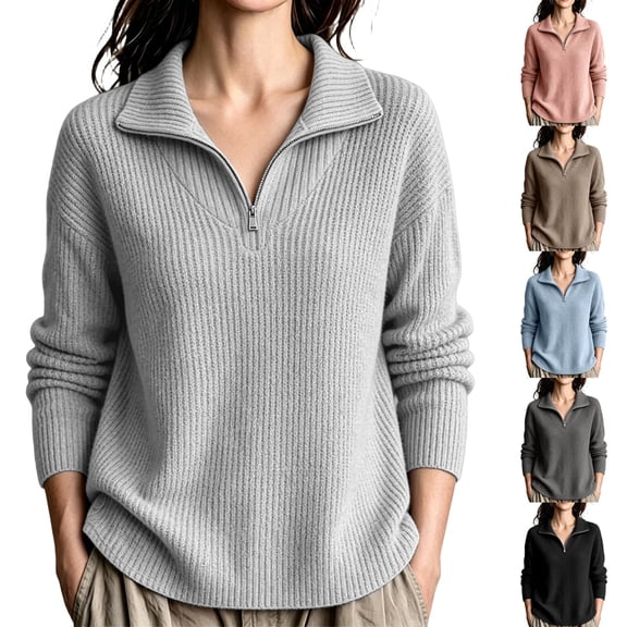 Craaazy Zip Collar Sweaters for Women Oversized Solid Color Daily Knit Pullover Tops Long Sleeve Vertical Rib Half Zip Neck Ribbed Cuff Hem Soft Outer Layer for Fall Winter Shopping Travel