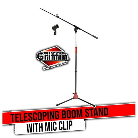 Griffin Microphone Stand with Telescoping Boom and Mic Clip Package - Tripod Quality for Studio, Karaoke, Live Performances, Conferences Portable with Collapsible Legs & Removable Arm