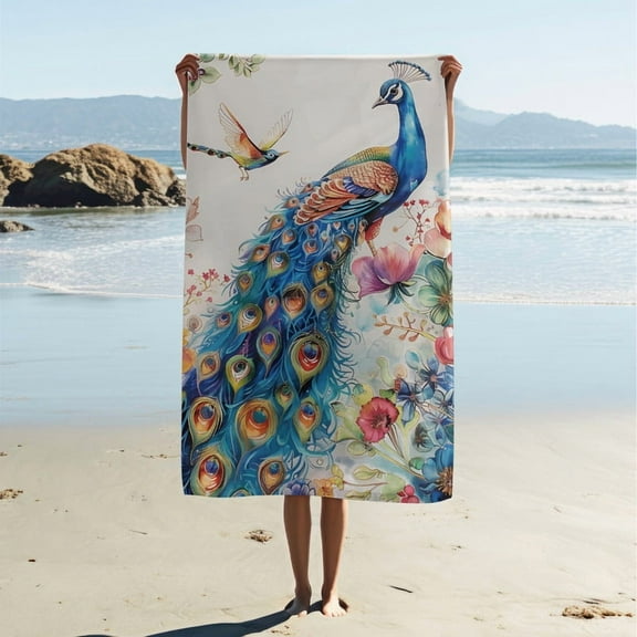Adult Beach Towel, Modern Simple Style Beach Towel, Peacock Print Bath Towel