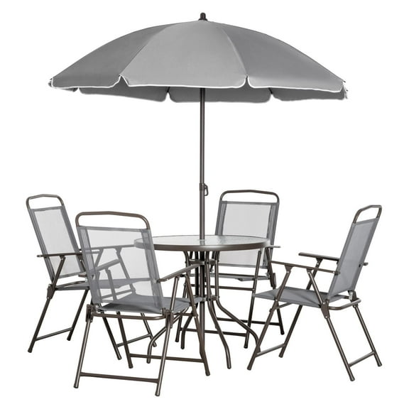 Gray Patio Dining Set with Umbrella - 6 Piece Outdoor Furniture for 4 - Foldable Chairs & Glass Table for Deck, Yard, Garden