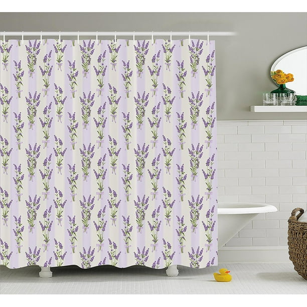 Lavender Shower Curtain Set by , Stripes and Flowers with Ribbons
