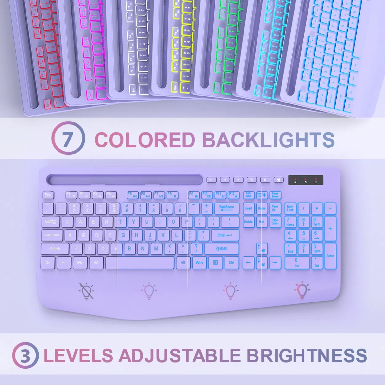 Wagpak Wireless Keyboard 7 Color Backlit Wrist Rest Rechargeable 112 Keys Quiet Keyboard-Purple