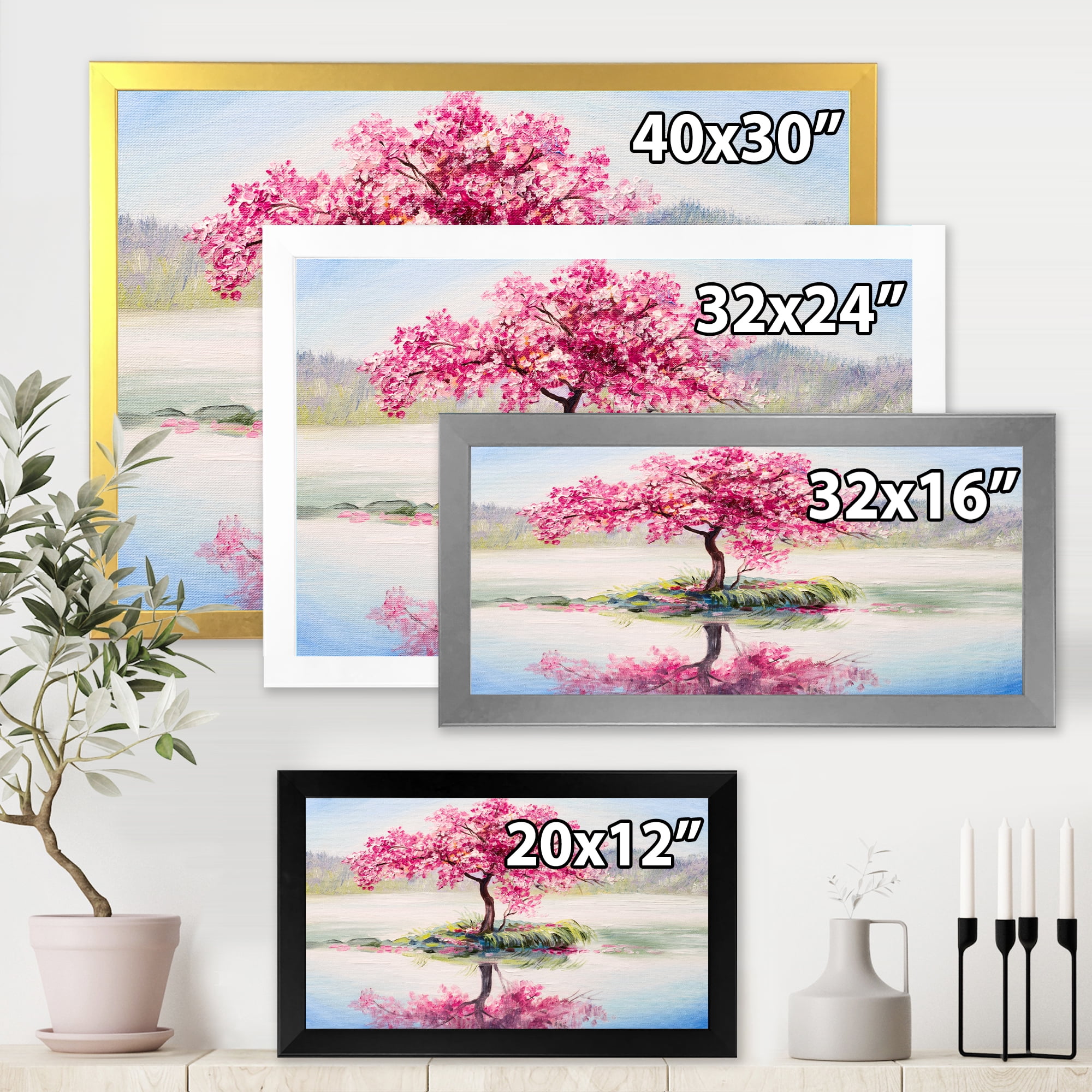 Designart 'Oriental Cherry Pink Tree Sakura On The Lake' Lake House Framed Art Print