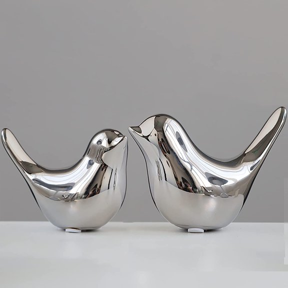 Small Birds Statues Gold Home Decor Modern Style Figurine Decorative Ornaments for Living Room, Bedroom, Office Desktop, Cabinets (M&L, Silver)