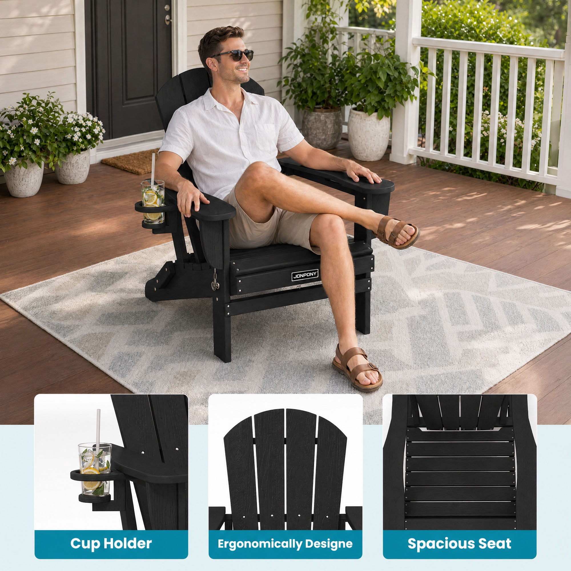 JONPONY Folding Adirondack Chair - HDPE All-Weather Outdoor Chairs, Patio Chairs Outdoor Wood Like Adirondack Chair for Backyard, Camping, Pool & Fire Pit,Black
