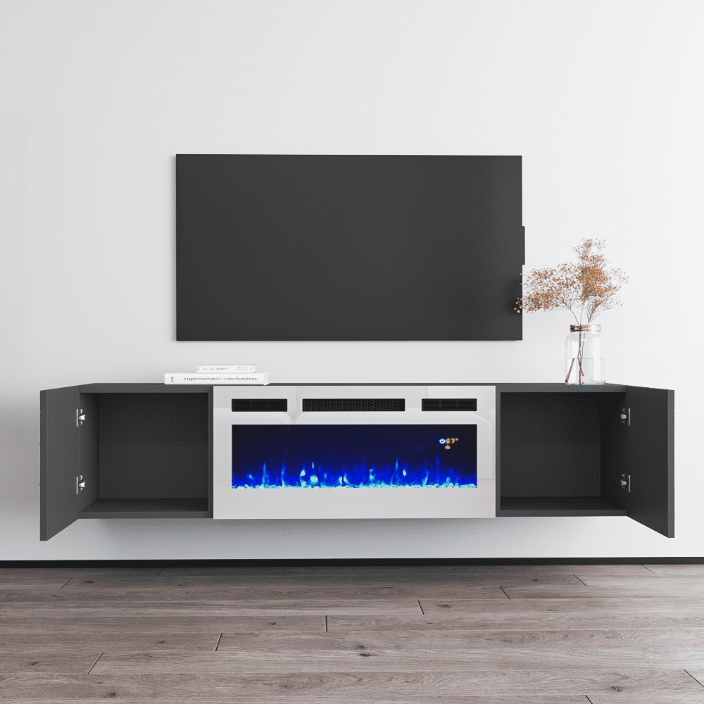London WH-EF Fireplace TV Stand for TVs up to 70", Modern High Gloss 63" Entertainment Center, Electric Fireplace TV Media Console with Storage Cabinets