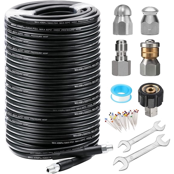 WANBIN 200FT Sewer Jetter Kit for Pressure Washer, 5800 PSI, 1/4" NPT, with Nozzle and Spanners
