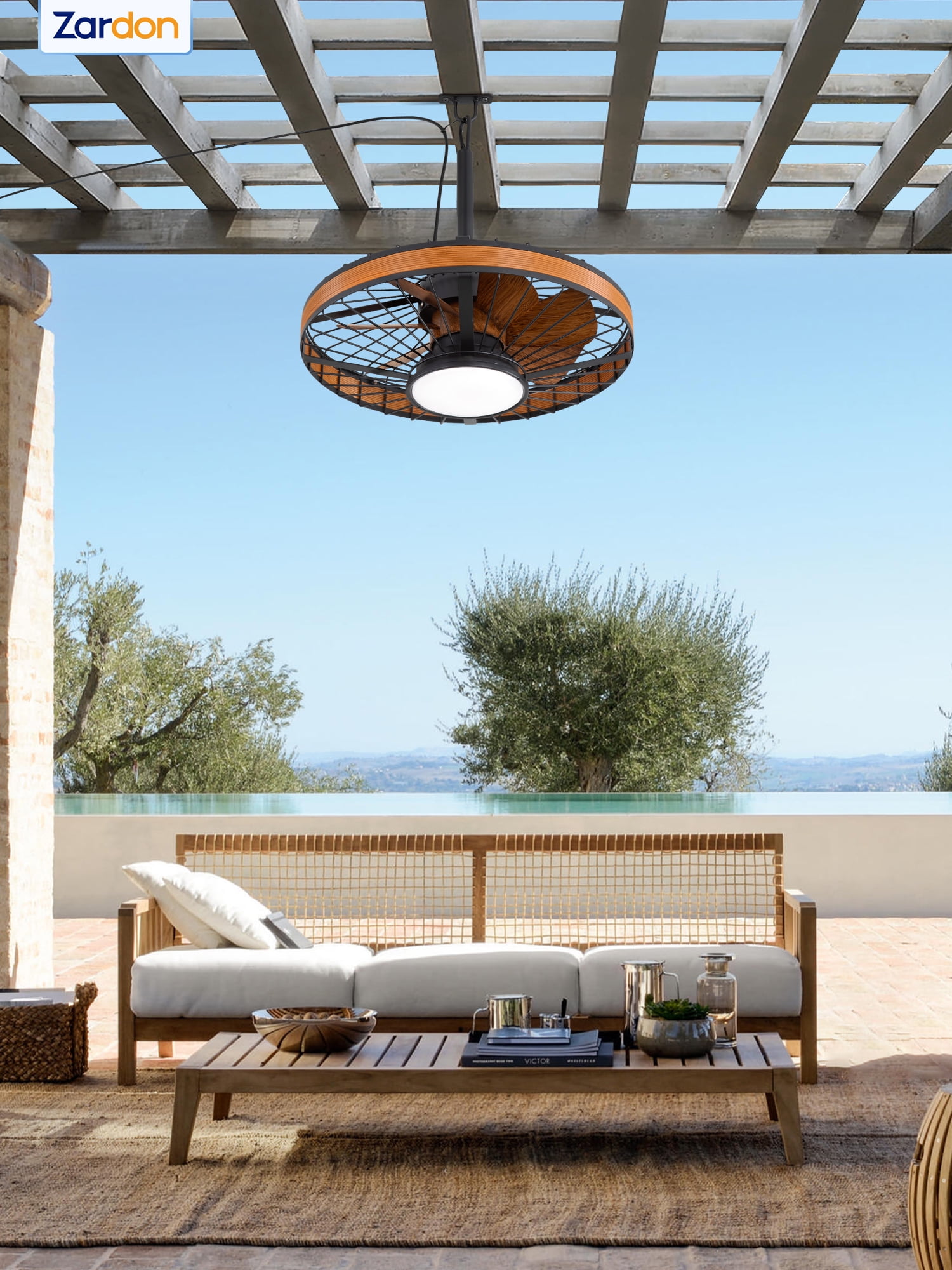 Zardon 20" Outdoor Ceiling Fan with Light and Remote, 7 Blades Caged Waterproof Gazebo Fan for Patio, Porch, Pergola Canopy, App Control