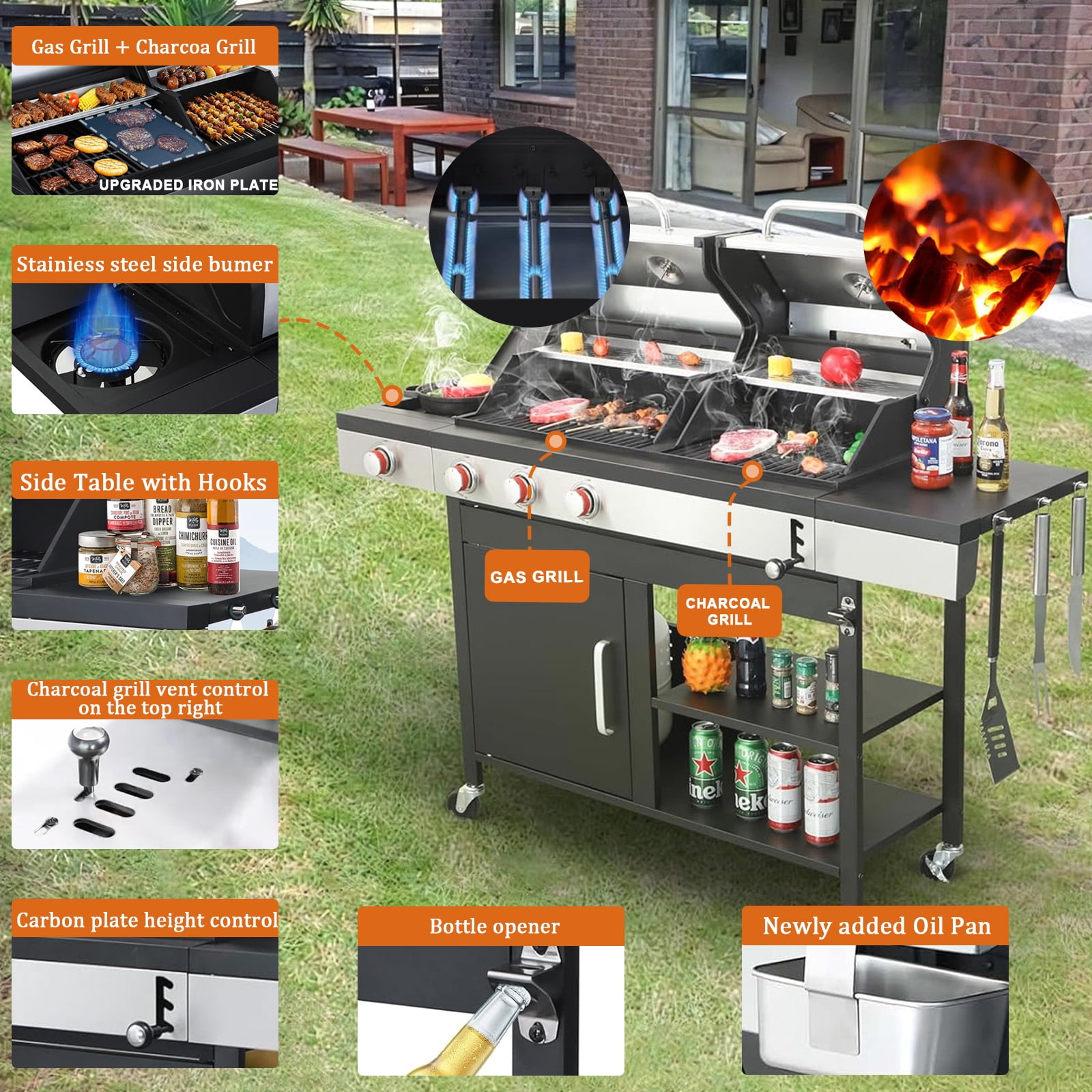 Propane gas and Charcoal grills Combo cast iron griddle, Stainless Steel 37230 BTU Outdoor Barbecue Grill, BBQ Grill with Side Burner, High temperature resistance