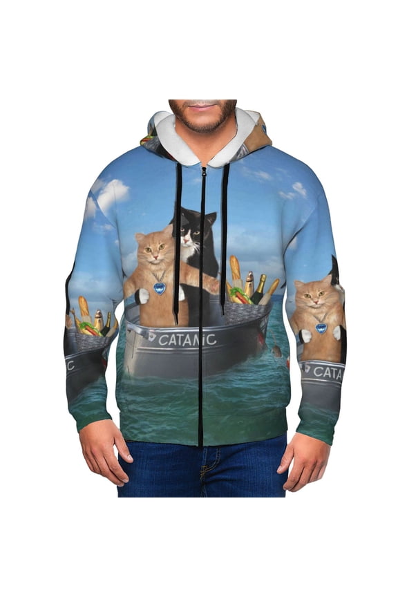 Two Brave Cats Are Floating On The Sea Iceberg Print Men Hoodies Casual Hoodies for Men with Zip Pockets Full Zip Long Sleeve Sweatshirt Sports Hooded Jacket-Small