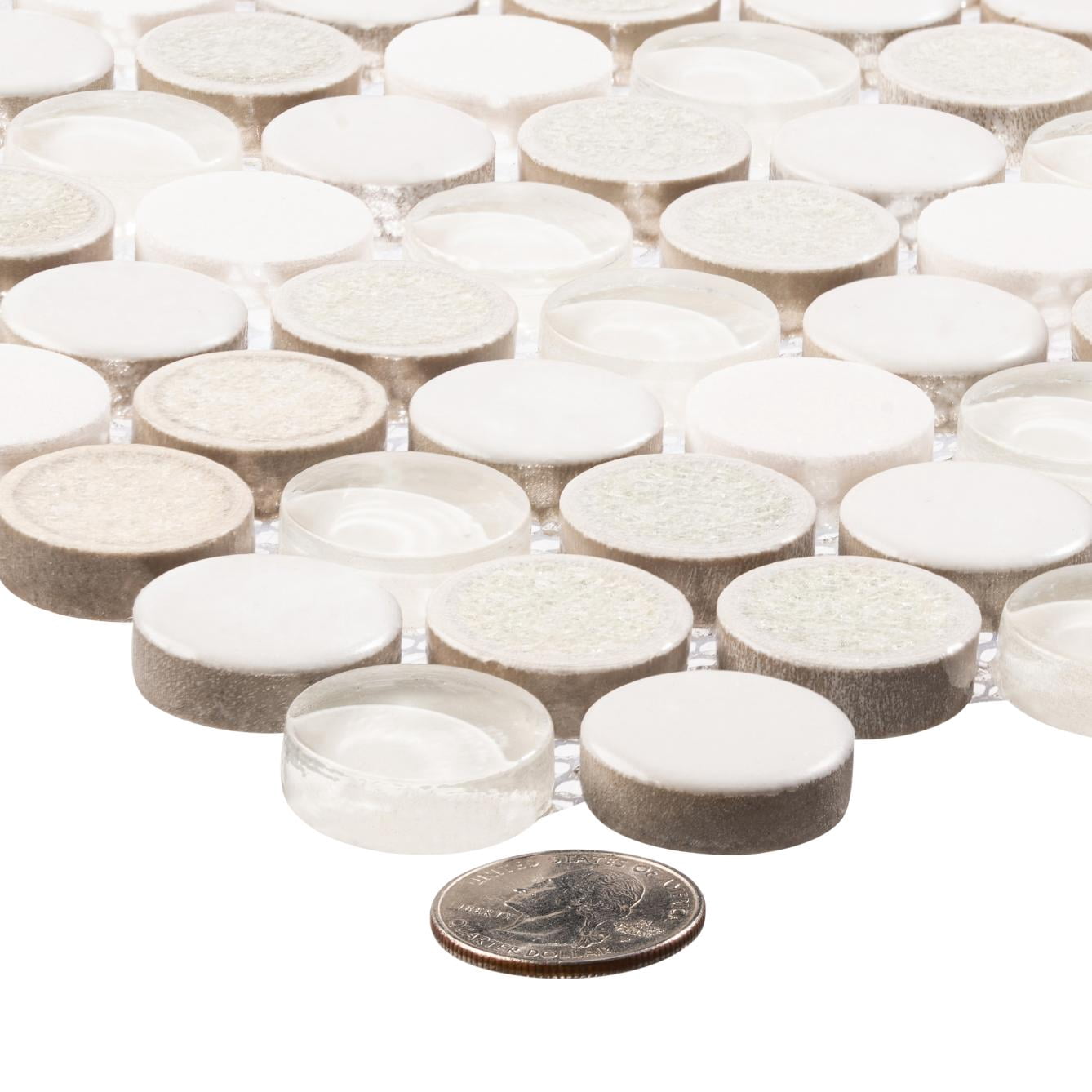 Polka Uno Gray 1-in. Vintage Penny Round Glass, Ceramic & Natural Stone Mosaic Wall and Floor Tile