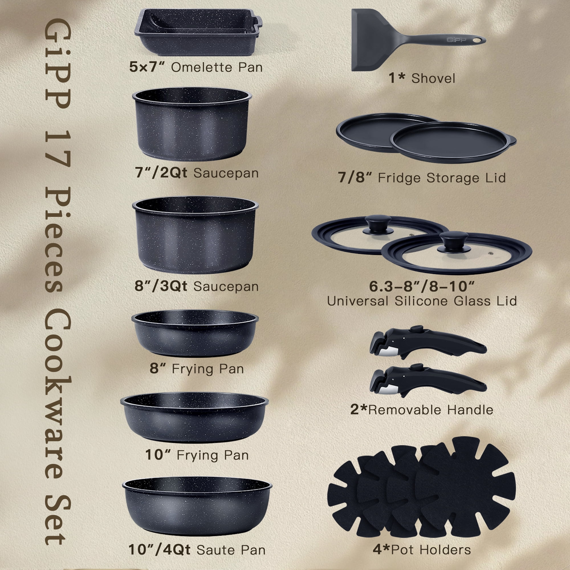 GIPP 17 Piece Ceramic Nonstick Pots and Pans Set,Cookware Set with Detachable Handles, Oven Dishwashers Safe,Induction Compatible,RV Kitchen Cooking Set
