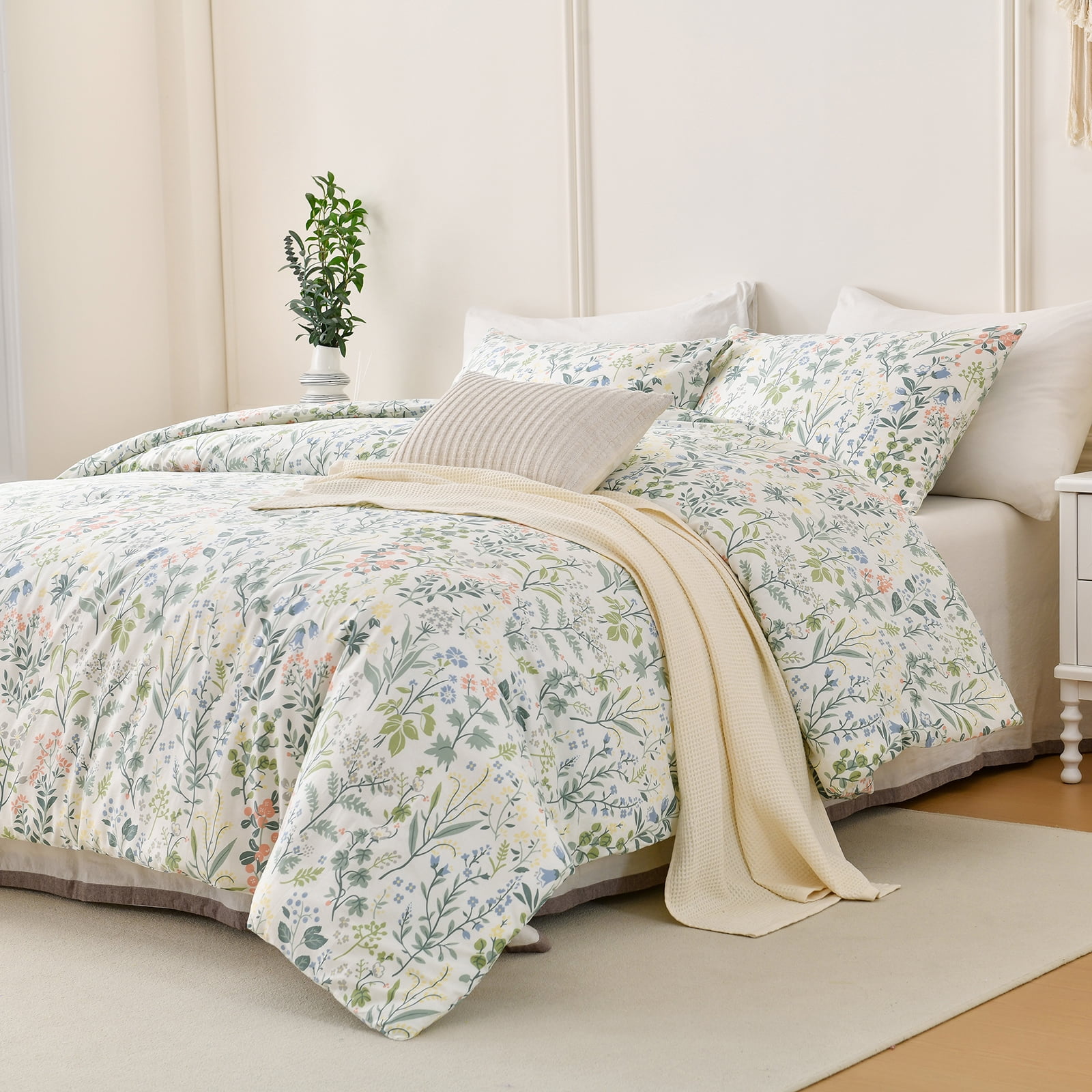 Move Over Floral Duvet Cover Set Queen 100% Cotton Green and Pink Floral Bedding Set 3 Pieces Soft and Breathable Green Branches Floral Comforter Cover Set No Filling