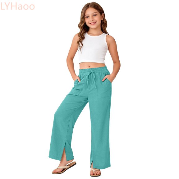 LYHaoo Girls' Casual Solid Color Pants For Kids Everyday Comfort Breathable Knit Elastic Waist Kidswear For School And Play Long Pants for Girls(Green)