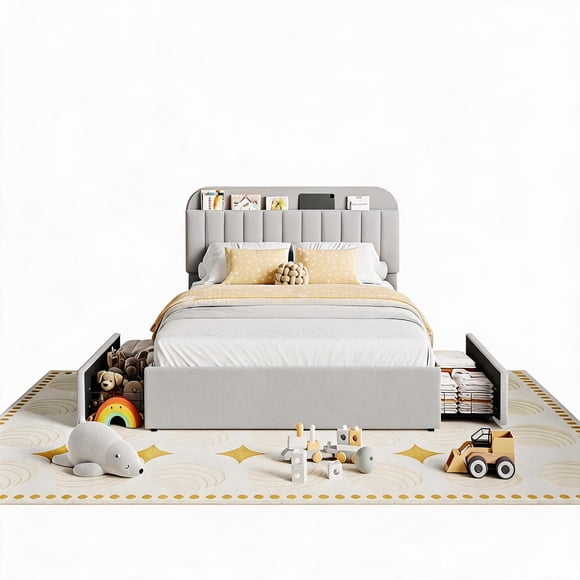Full Bed Frame with Storage Headboard & 2 Drawers – Boucle Upholstered Kids Platform Bed | Open Bookcase Headboard | Underbed Drawers (4 Positions) | No Box Spring Needed