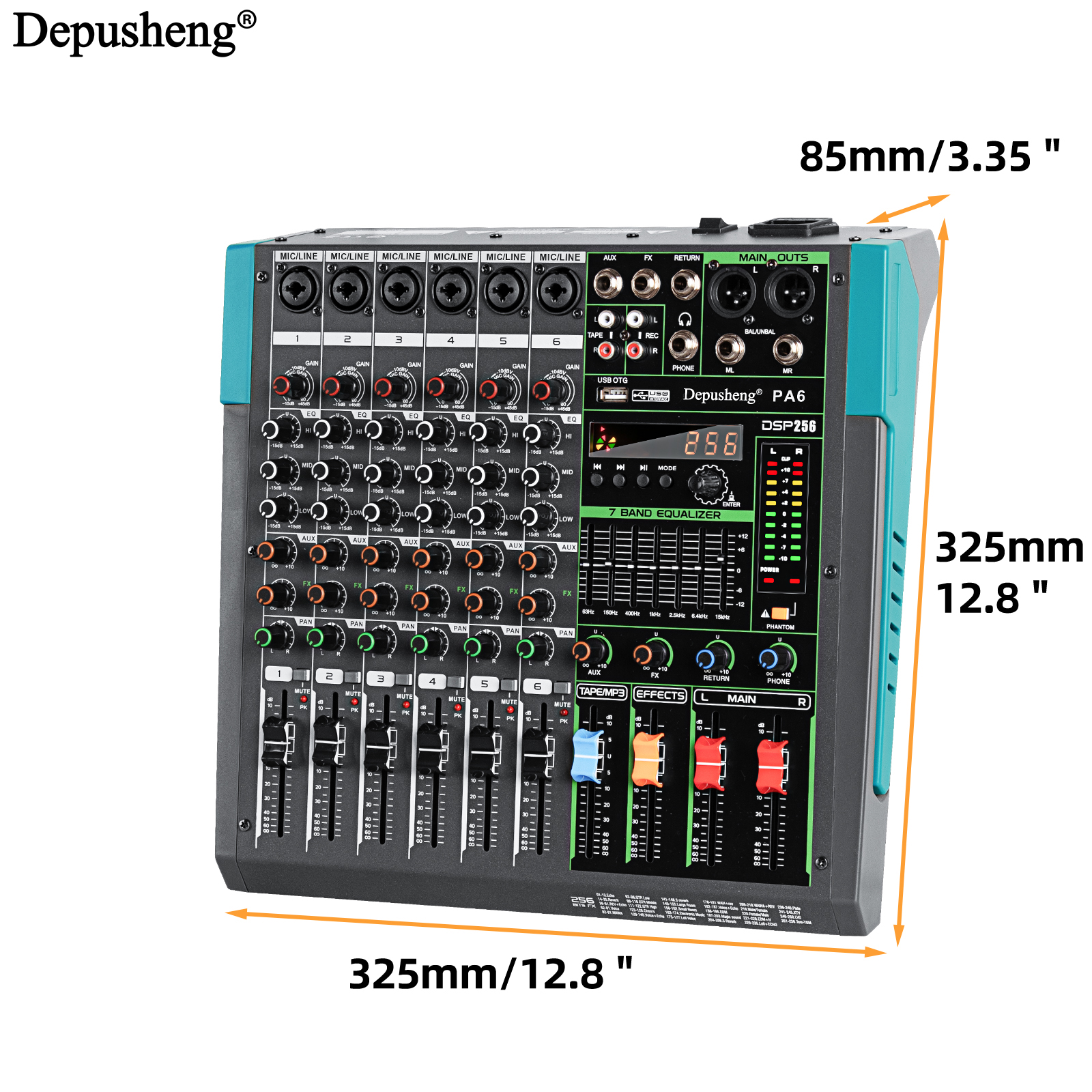 Depusheng Professional Audio Mixer 6-Channel Mixing Console with 256DSP USB & Bluetooth 48V Power for Professional and Beginners