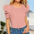 thumbnail image 2 of Delayuji Women's Short Puff Sleeve Women's Round Neck Short Puff Sleeve Blouse Tops Womens Tops Summer Puff Sleeve Tshirts Pink L Nylon,Spandex Short Sleeve Shirts for Women, 2 of 4