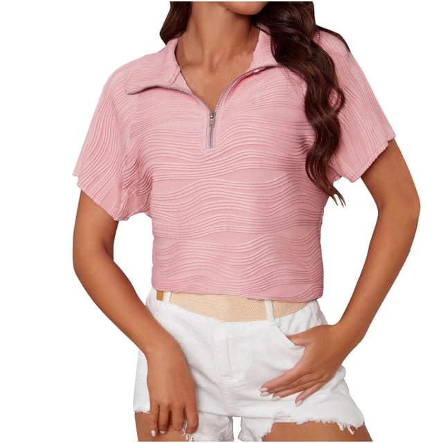 Penkiiy T-Shirt Texturé à Fermeture Éclair Col en V Manches Courtes Été Col Rond Basique Décontracté Uni TG Rose