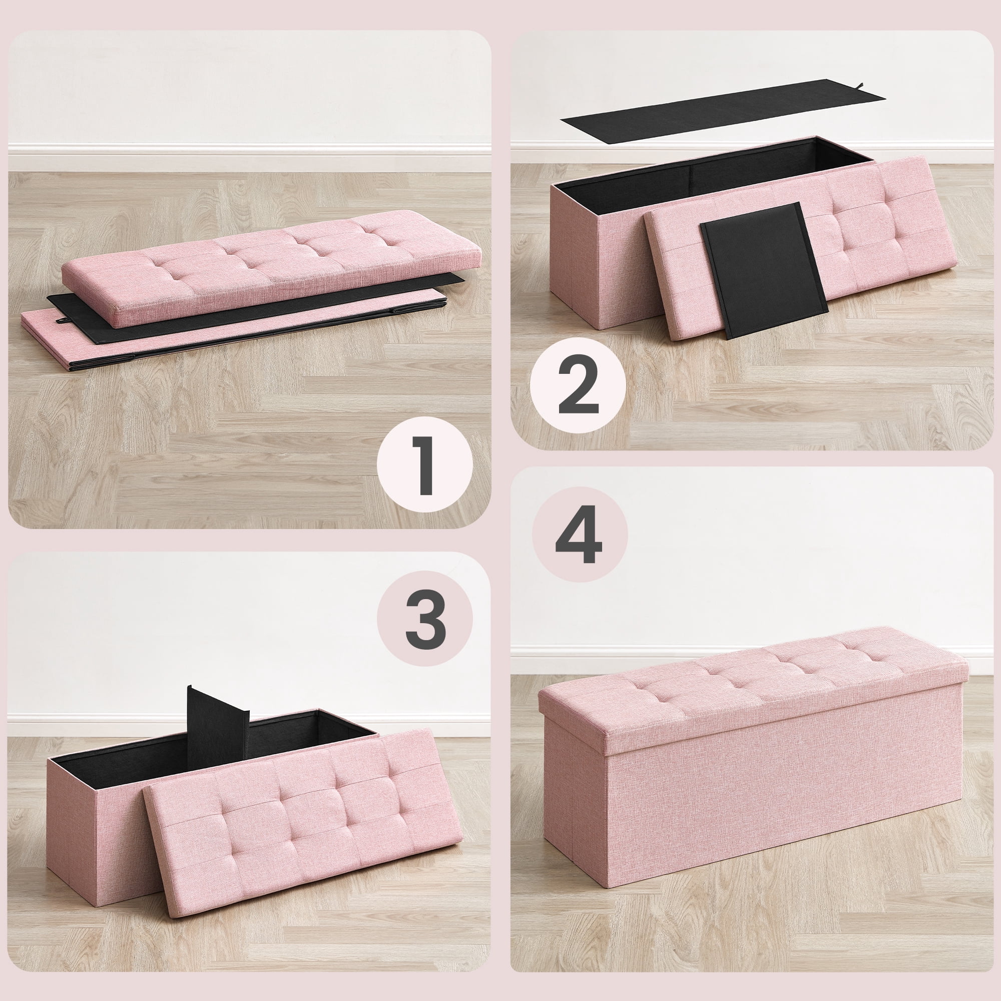 Ledrem Large Foldable Storage Ottoman Bench with 660lb Capacity, Jelly Pink