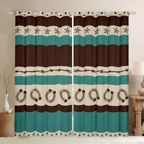 jejeloiu Rustic Western Horseshoe Black Out Curtains Kids,Vintage Cowboy Print Curtains Pack of 2 (42x63 Each)