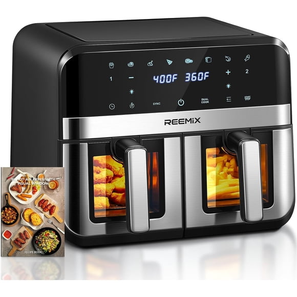 9L(9.5 Quart) Dual Basket Air Fryer with Easy View Windows, Air Fryer Oven With 8 Program Settings, Auto Shutoff, 2 Independent Work 4.5L Nonstick Frying Baskets, Black+Silver