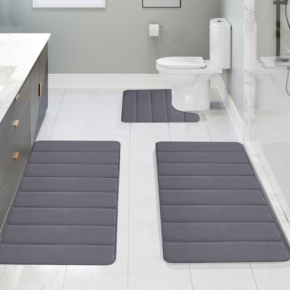 Value Set! Fwttom 3 Pcs Bathroom Rugs Set, Non Slip Highly Absorbent Washable All-Season Floor Mats, Solid Color Thick Upgraded Softness Shower Bath Mats for Bathroom