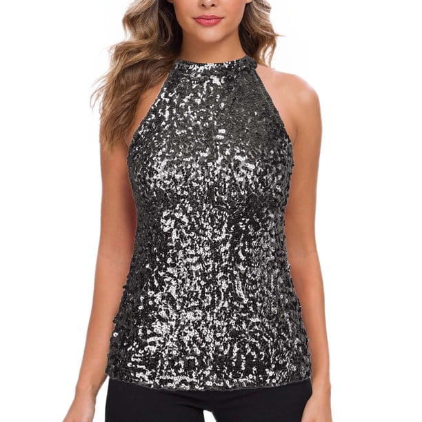 Top halter con lentejuelas para mujer - Blusa corta sin mangas brillante para fiesta/discoteca (talla única)