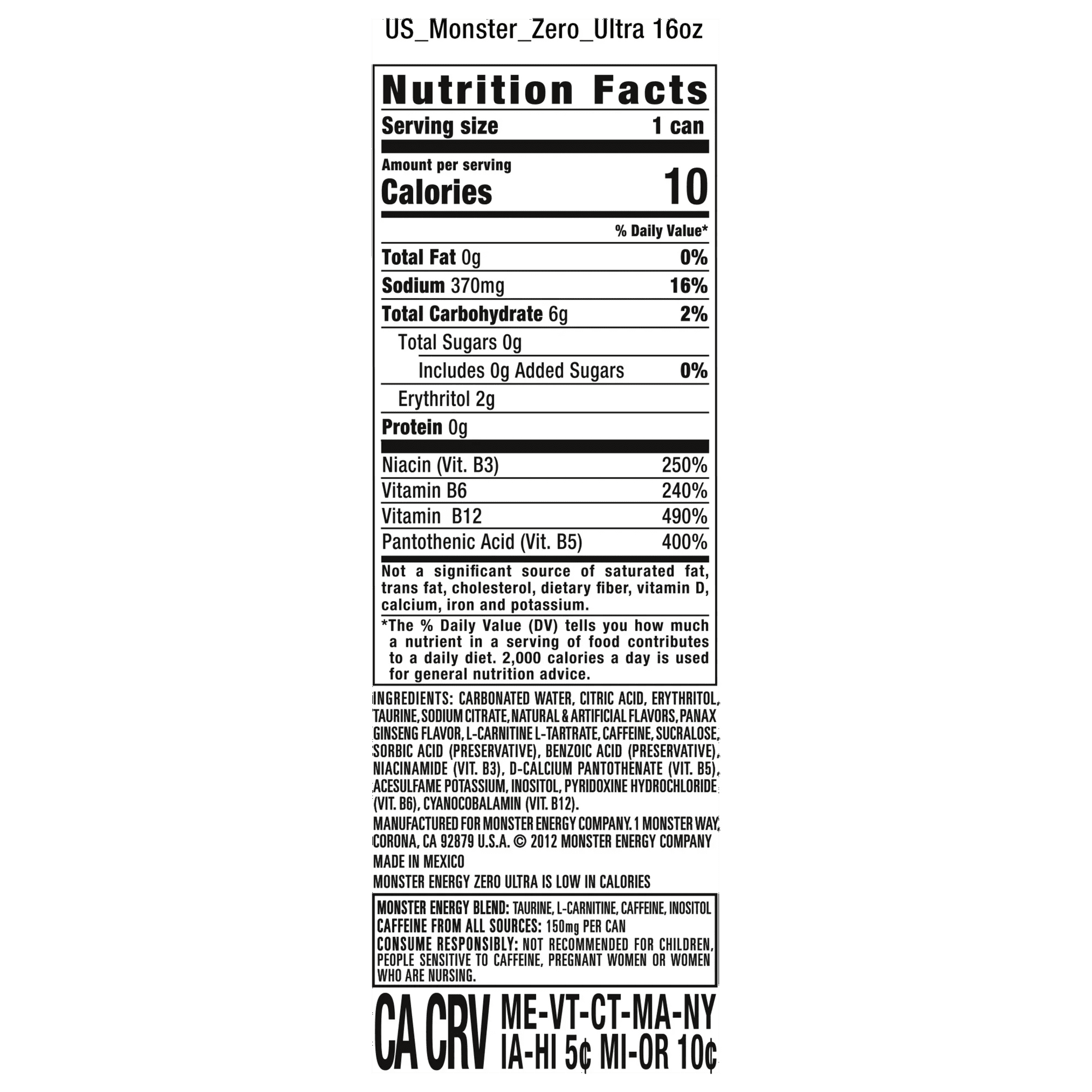 Monster Zero Ultra, Sugar Free Energy Drink, 16 fl oz Cans (Pack of 16)