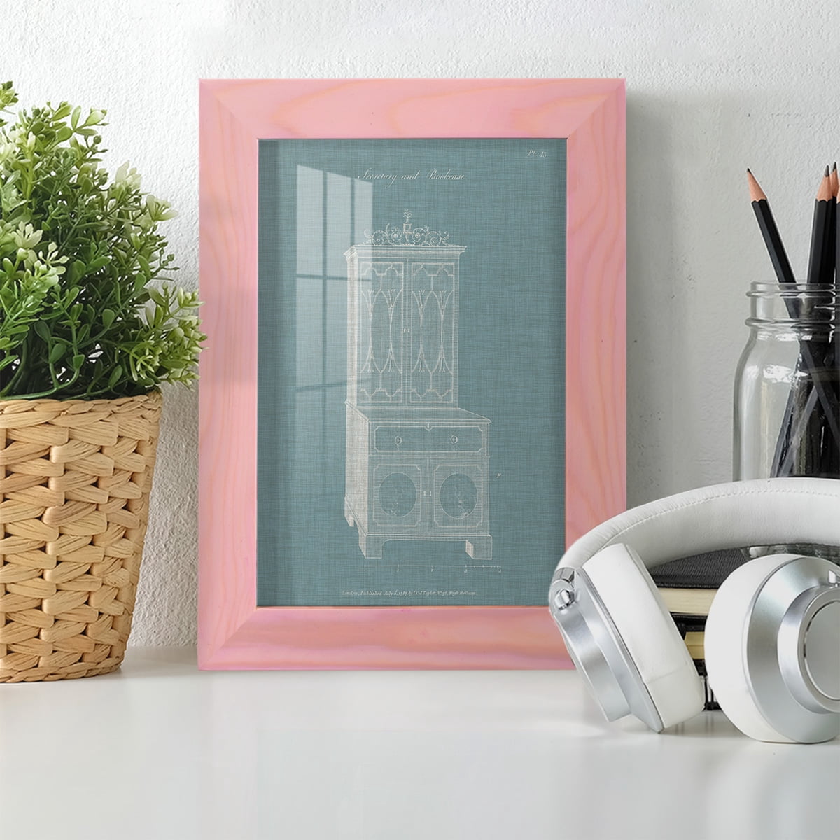 Hepplewhite Desk & Bookcase III - Framed Print w/glass - Sunset Pink