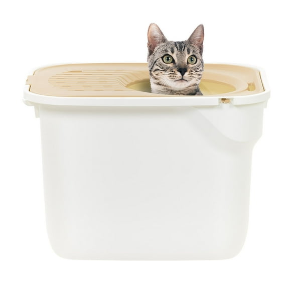 IRIS Large Top Entry Cat Litter Box | Litter Catching Lid Enclosure, White/Beige