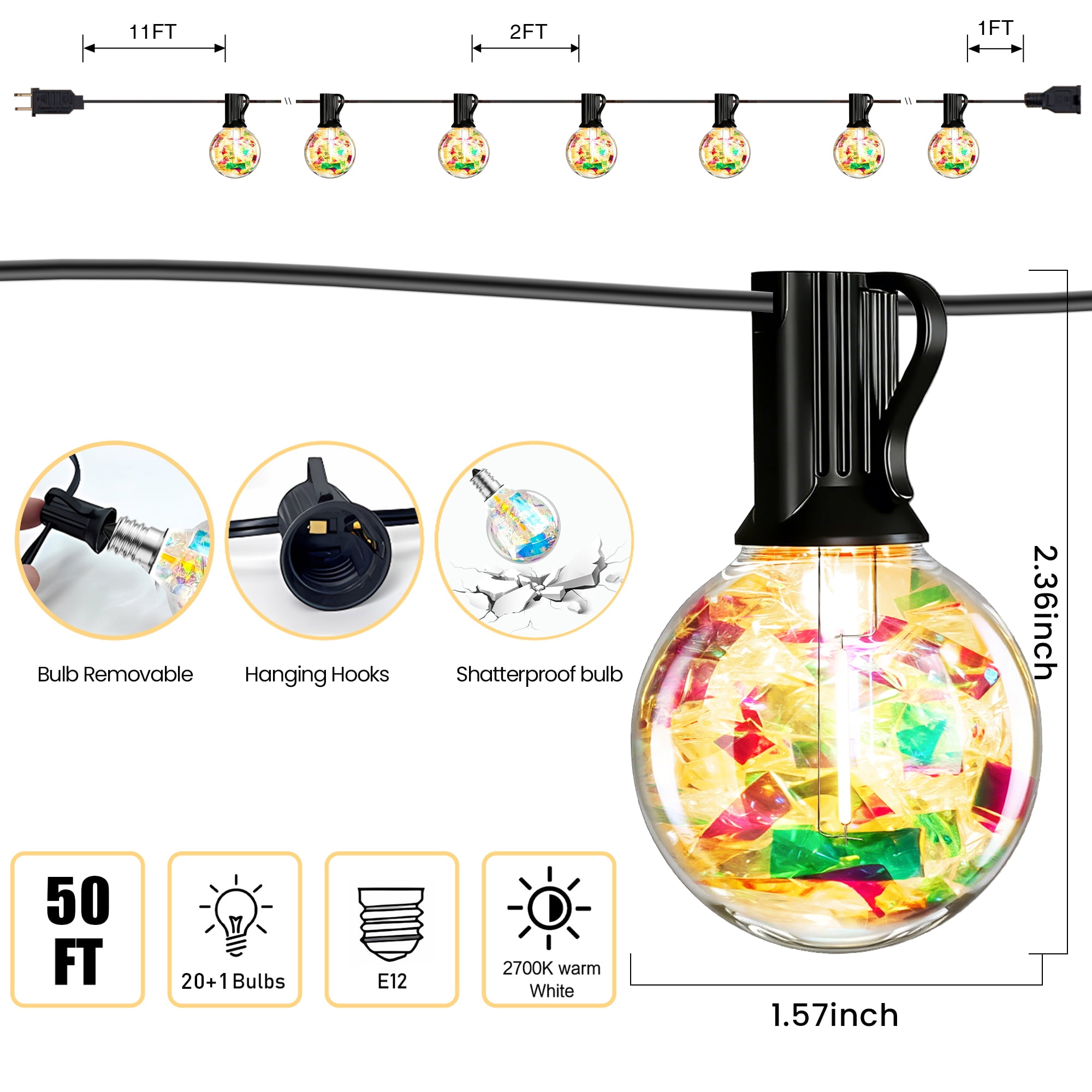 PHOPOLLO 50 ft G40 Outdoor String Lights with 20+1 Shatterproof LED Bulbs (E12 Base), Waterproof Hanging Globe Lights for Patio, Garden, Christmas Decor