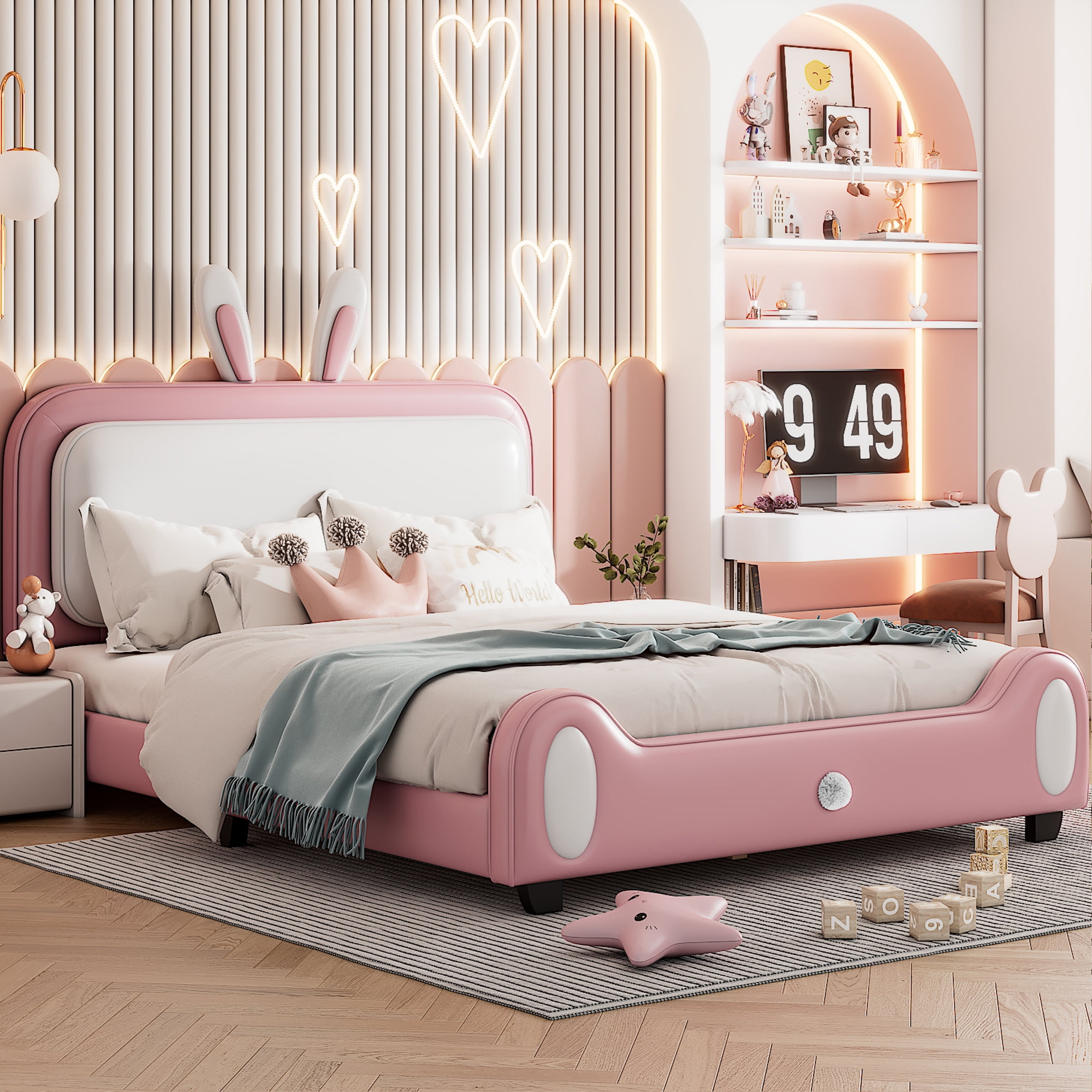 Aukfa Upholstered Platform Bed with Rabbit-Shape Headboard and Footboard, Full Size Princess Bed for Kids - White