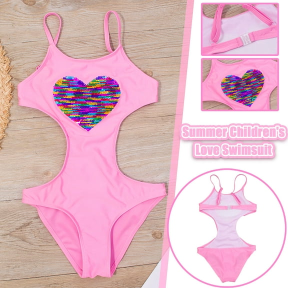 Isvgxsz New Swimsuit One Piece Clearance Toddler Girls Swimsuit Sling Sequins Heart Hollow Out Beach One-Piece Swimsuiti Pink Bathing Suits For Girls