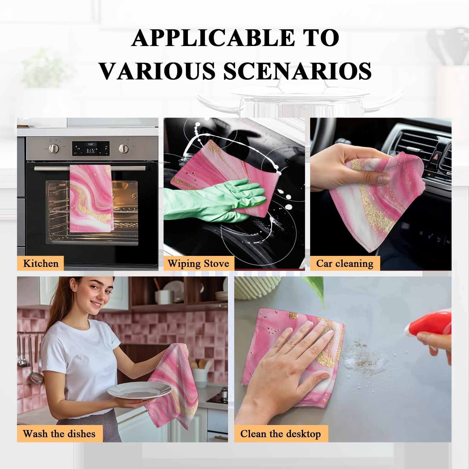 Marble Pink Kitchen Towel Dish Cloths Set of 2, Microfiber Soft Kitchen Hand Towels, Modern Abstract Artwork Luxury Golden Absorbent Quick Drying Dishcloths 18 x 28 Inches