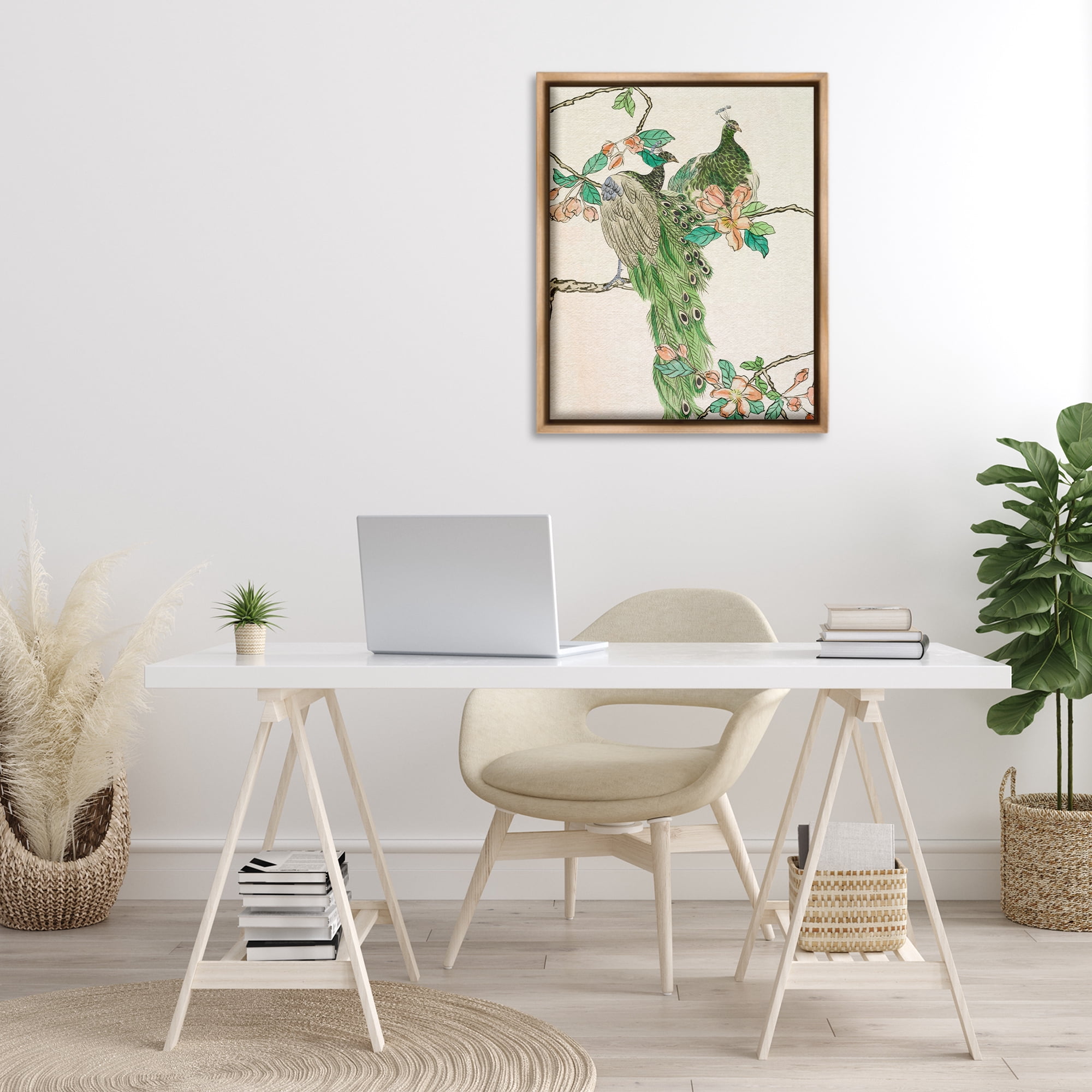 Stupell Industries Traditional Floral Peacock Animals & Insects Painting Brown Floater Framed Canvas Art Print Wall Art, 25 x 31