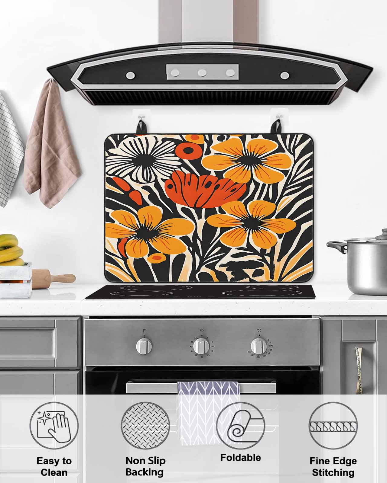 nqOlkjepod Large Induction Cooktop Protector Mat 24"x21", Orange Yellow Black Botanical Stove Top Covers for Electric Stove, Modernism Spring Floral Stove Burner Cover Mats, Glass Top Stove Cover