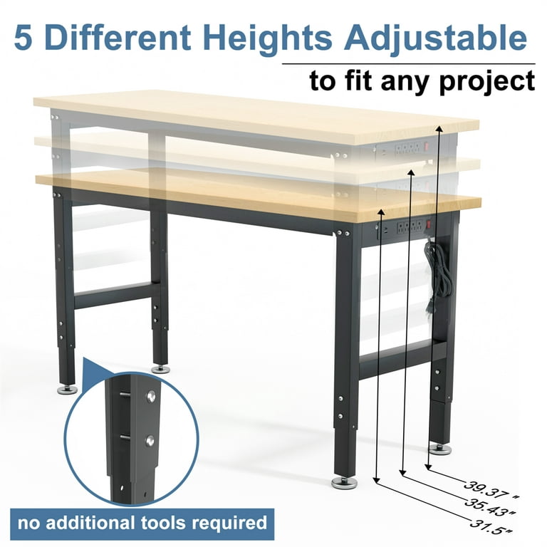 Tolead 48 Heavy-Duty Adjustable Workbench, Rubber Wood Shop Table, Metal  Wheels, Workstation