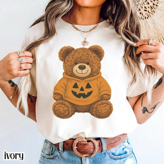 Fukika Halloween Teddy Bear Shirt, Pumpkin Shirt, Fall Spooky Season Tshirt, Cute Jackolantern Bear Tee, Cute Fall T-Shirt for Her
