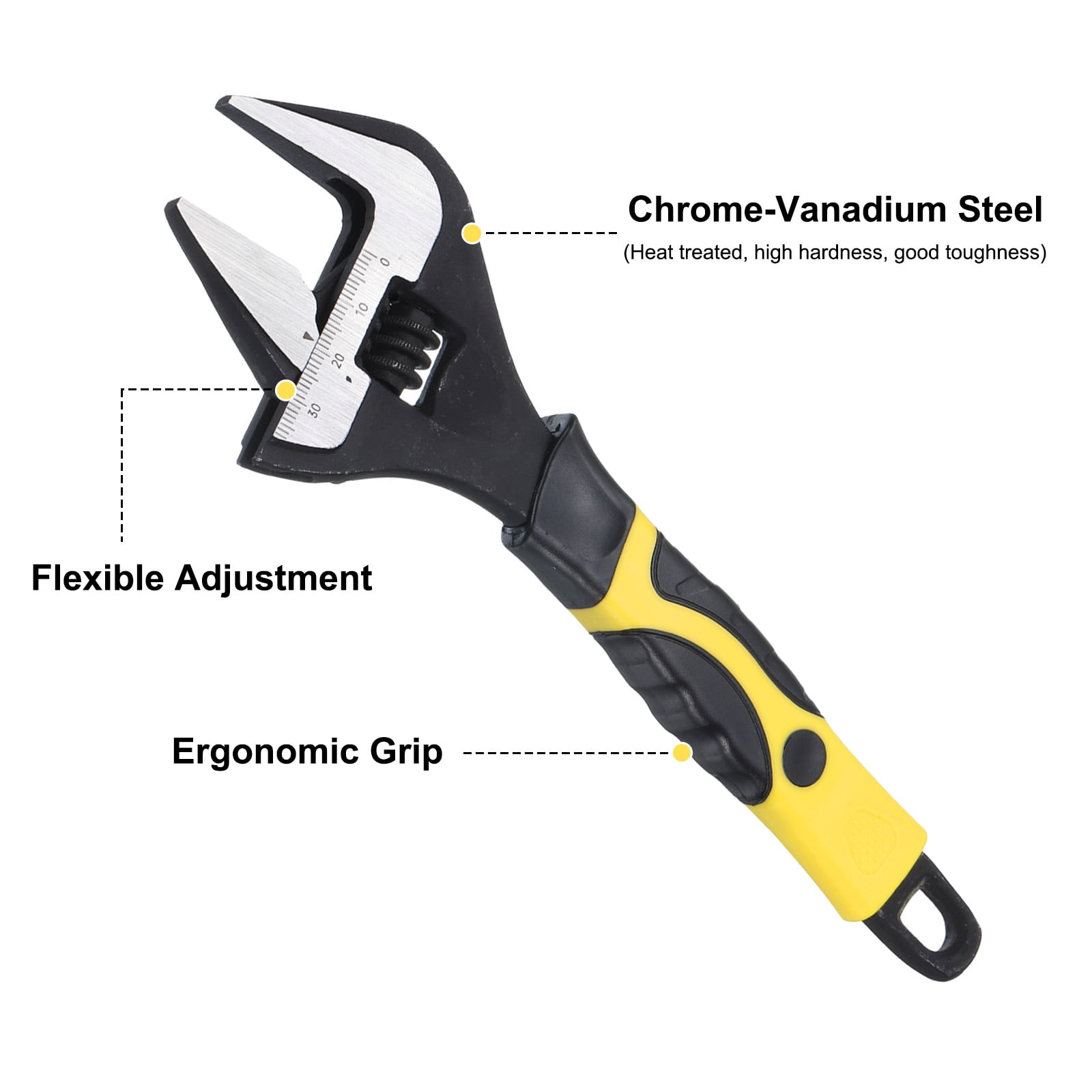 1pcs Adjustable Wrench 8" CR-V Universal Spanner Wide Opening, Black/Yellow