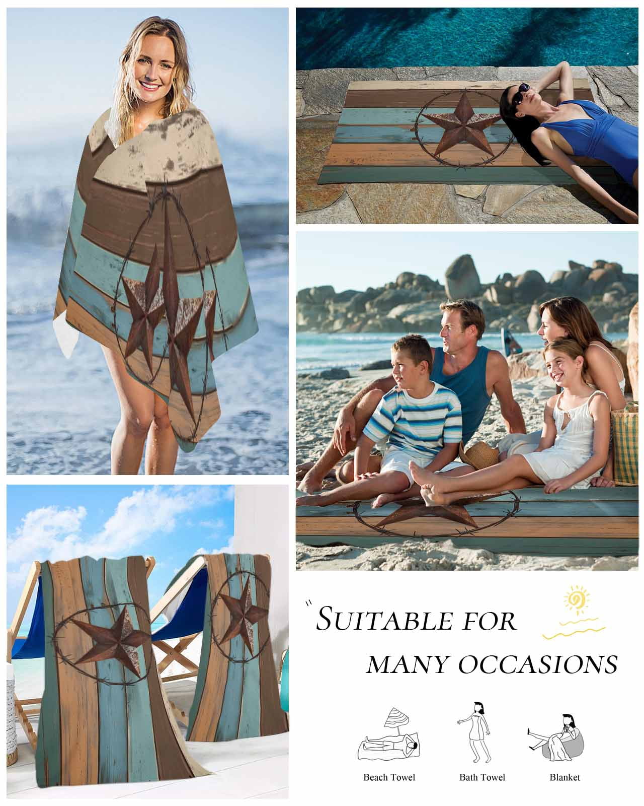 Texas Star Beach Towels Oversized Super Absorbent, Teal Brown Farmhouse Wooden Country Lightweight Bath Towel Quick Dry Sets For Bathroom/Pool/Rv Camping/Beach Play/Gym Room/Picnic 23"x47"