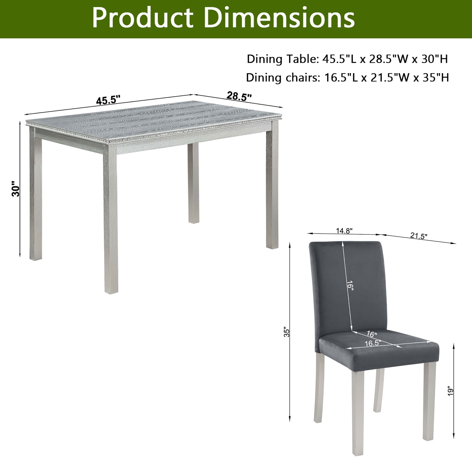MAYEERTY 5-Piece Wooden Dining Table Set with 4 Upholstered Chairs for Kitchen Dining Room, Silver Grey