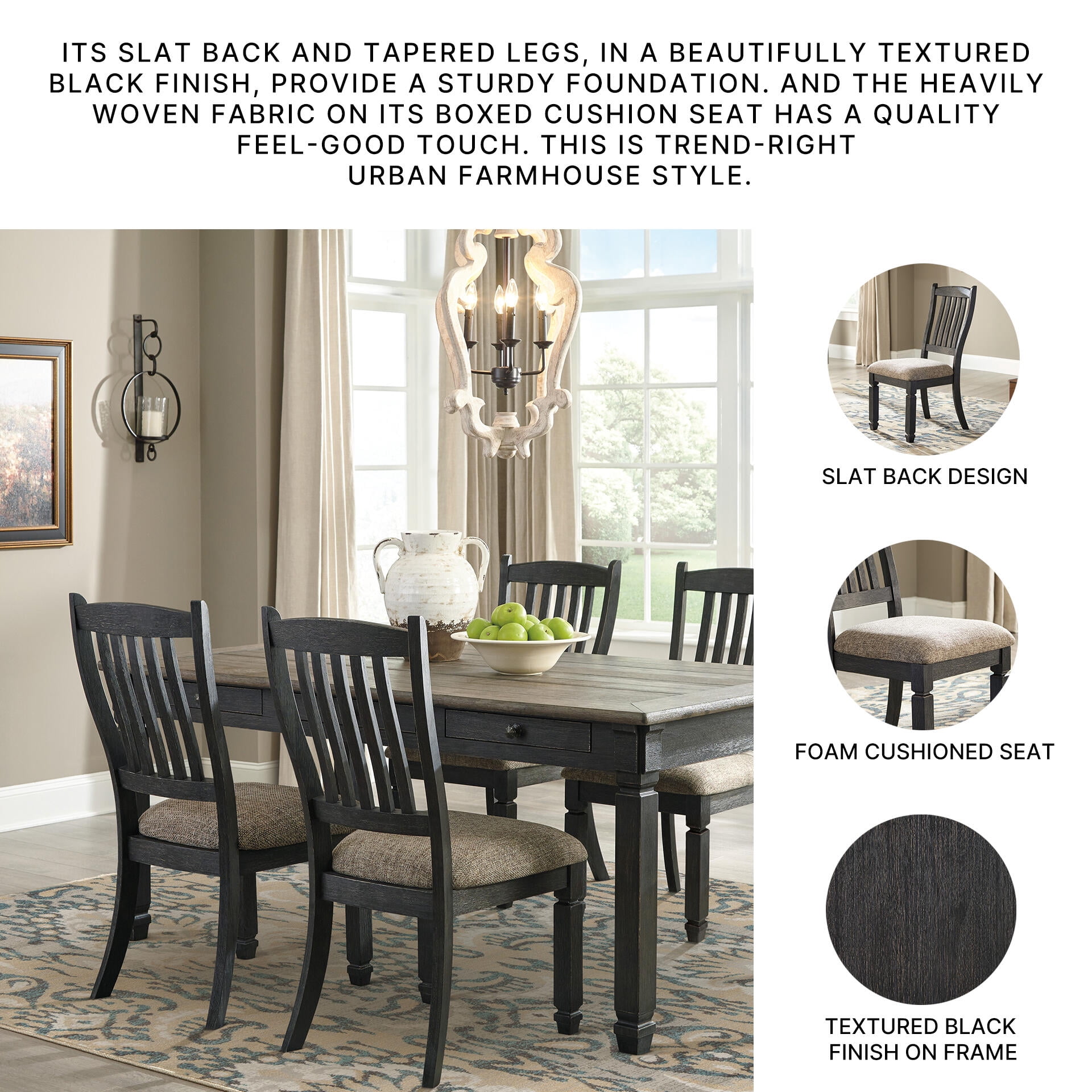 Signature Design by Ashley Tyler Creek Slat Back Dining Chairs Set of 2, Black and Grayish Brown Two-Tone Solid Wood with Cushioned Seats