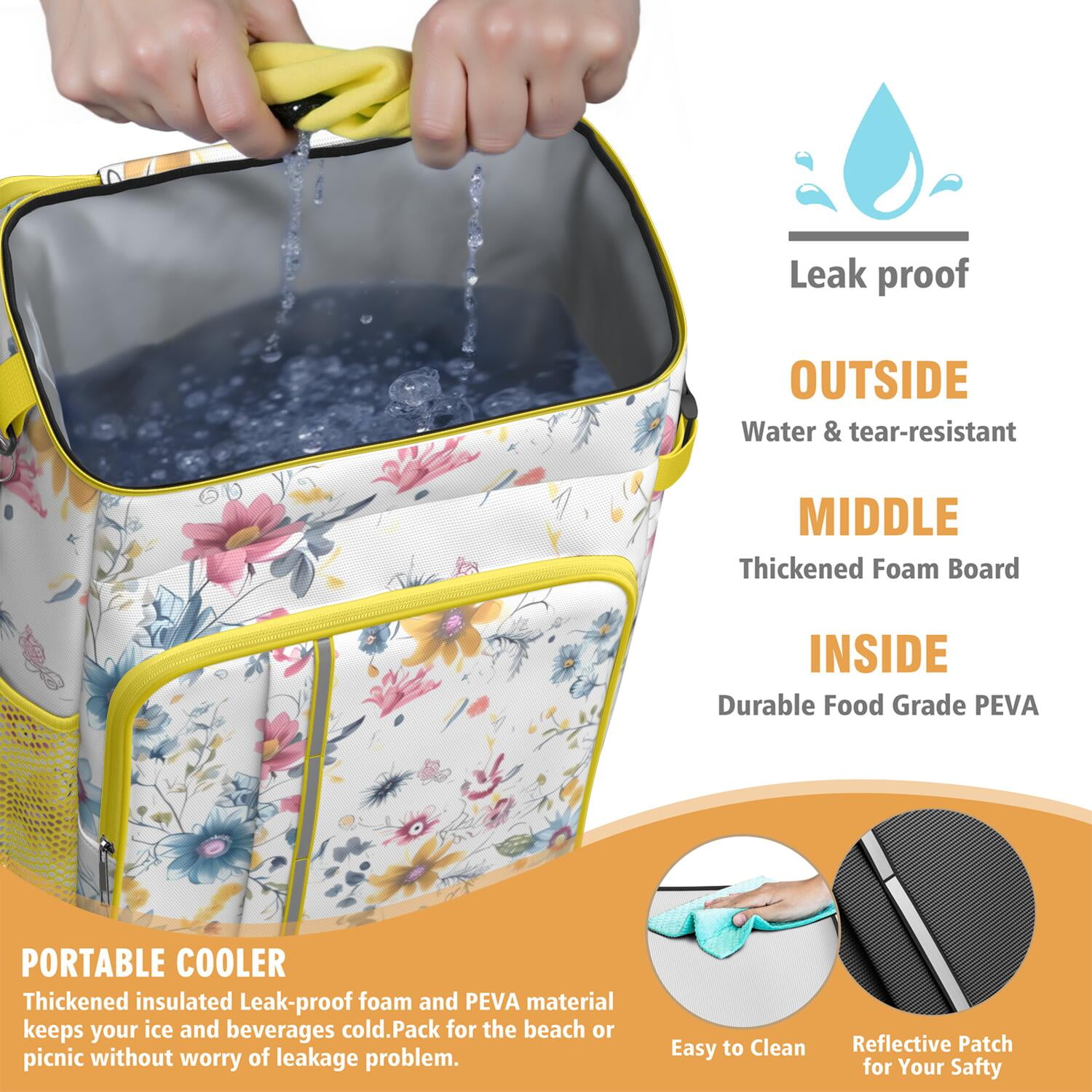 Travel Cooler Bag - Pioneer Flower Floral Print Pattern Camping Beer Cooler Backpack with Bottle Opener- Waterproof Insulated Picnic Backpacks - Cooler Bag for Beach